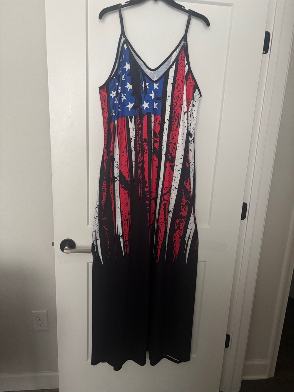 Sleeveless Maxi Dress with Distressed American Flag Print - Red Blue White , 3X